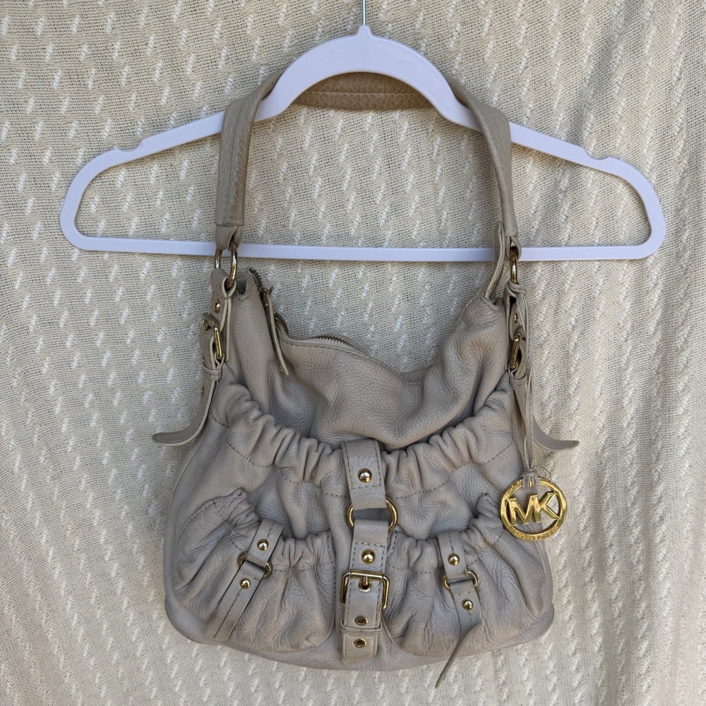 Michael Kors Leather Shoulder Bag Purse Hobo Satchel Jennings Neutral keychain - Picture 16 of 16